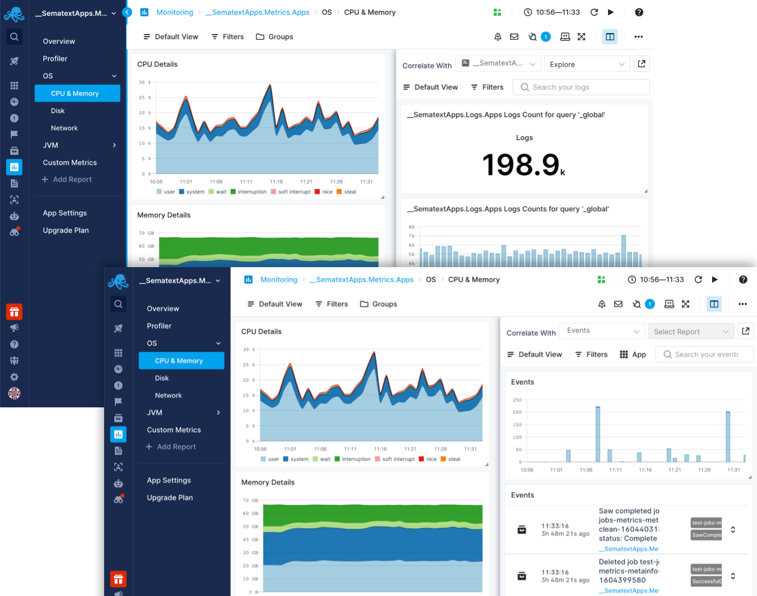 Sematext Cloud Monitoring - Monitoring Split Screen