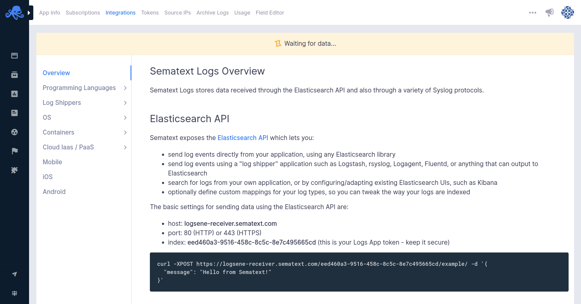 Logs App Elasticsearch integration