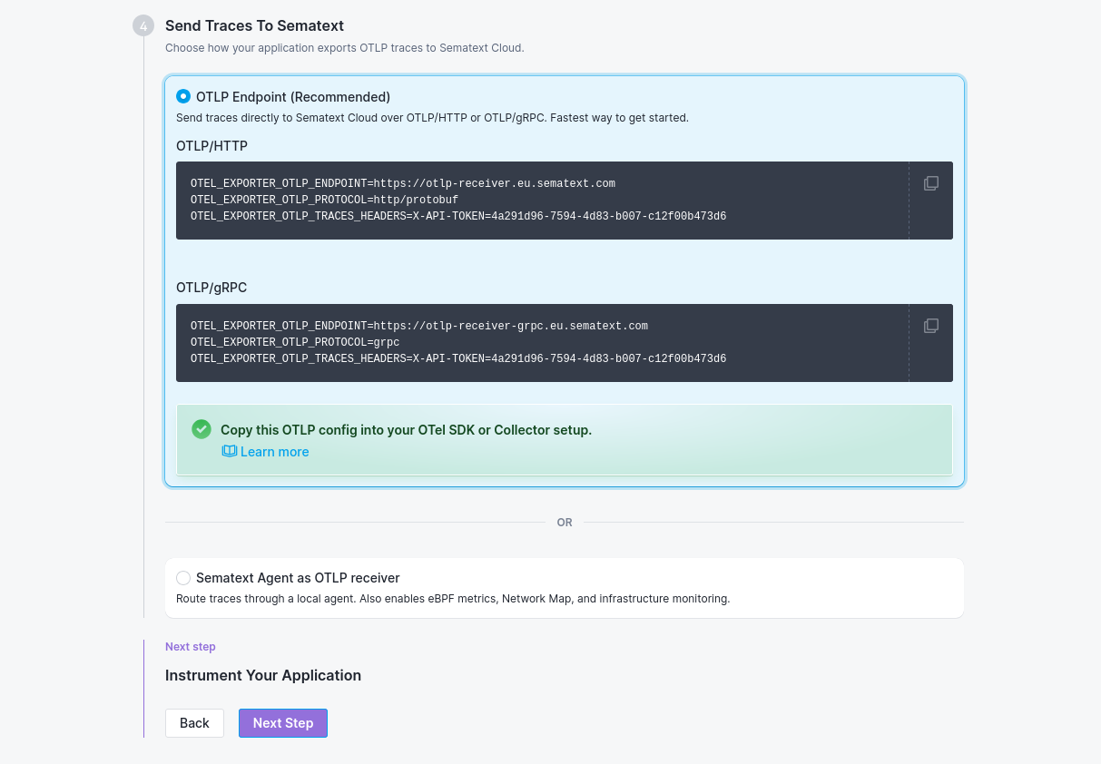 Managed OTLP endpoint option in the App creation wizard