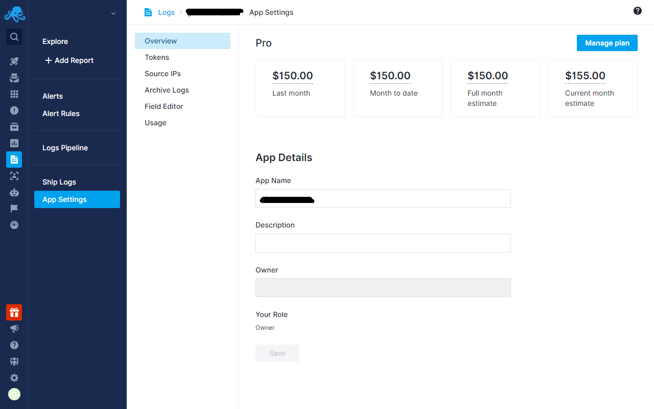 Sematext Cloud App Settings - Cost Estimations