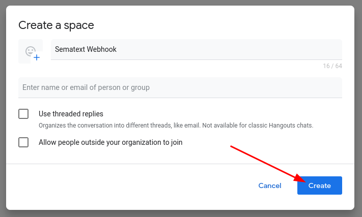 Create Google Chat Integration - Create Space