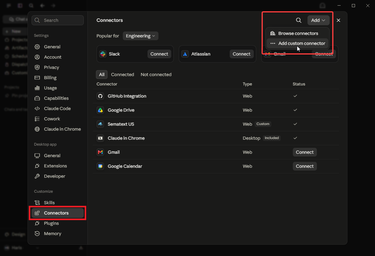 Connectors screen