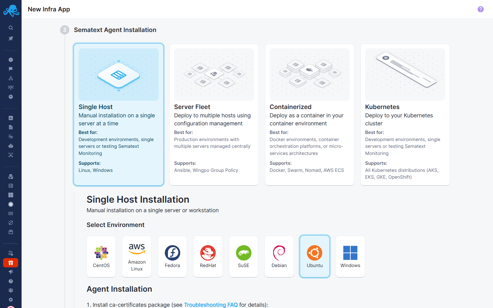 Select Environment Agent Installation Select Environment UI screen