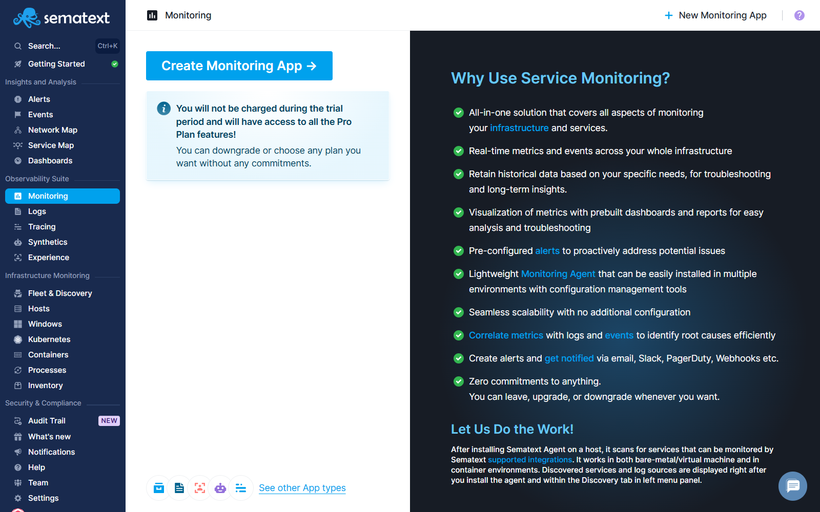 New Service Monitoring App Create New Monitoring App UI screen