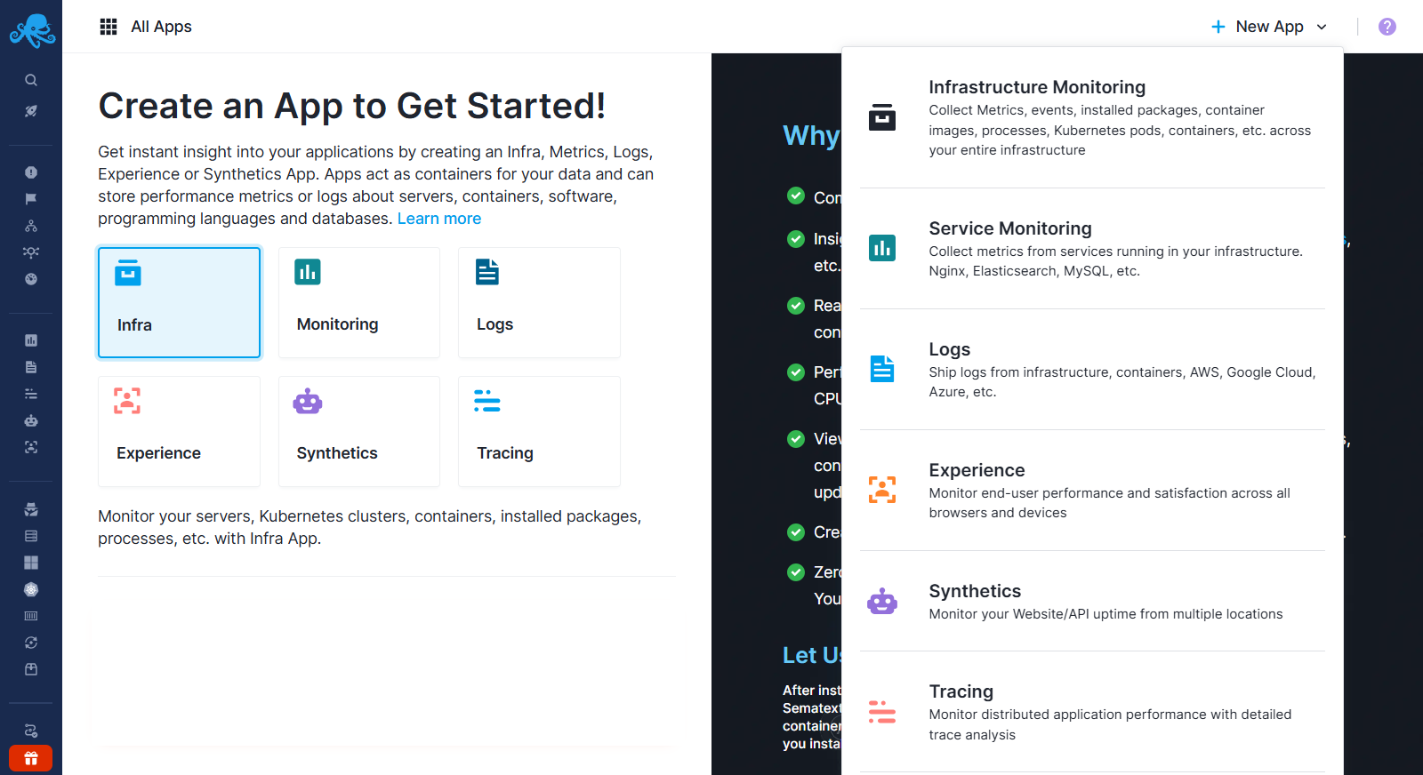 New Infrastructure App Sematext Monitoring Create New Infrastructure App UI screen