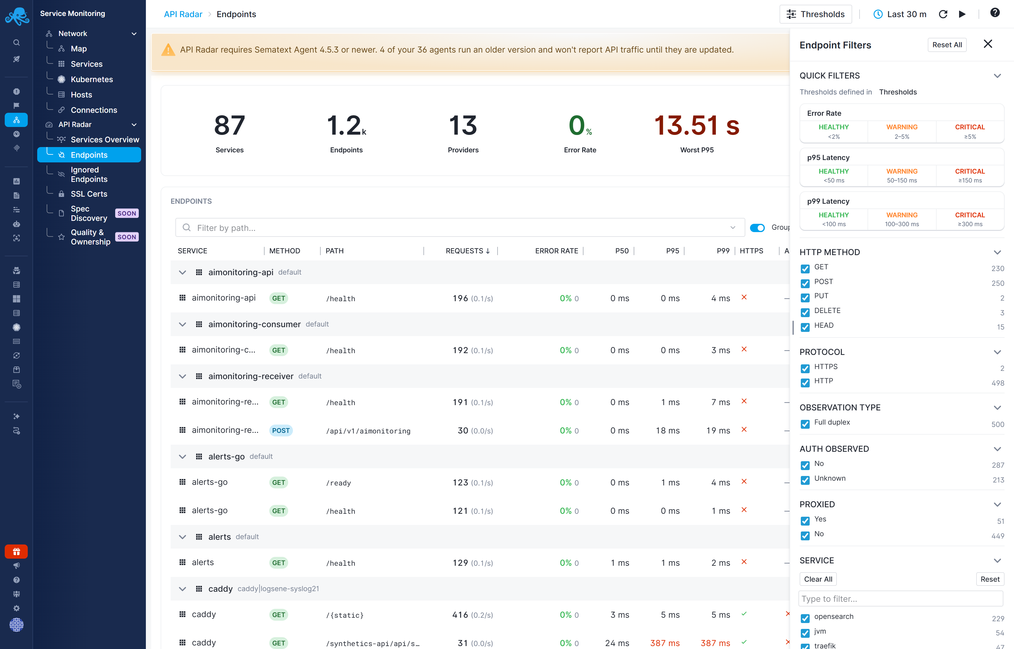 Endpoints grouped by service with the Endpoint Filters panel open