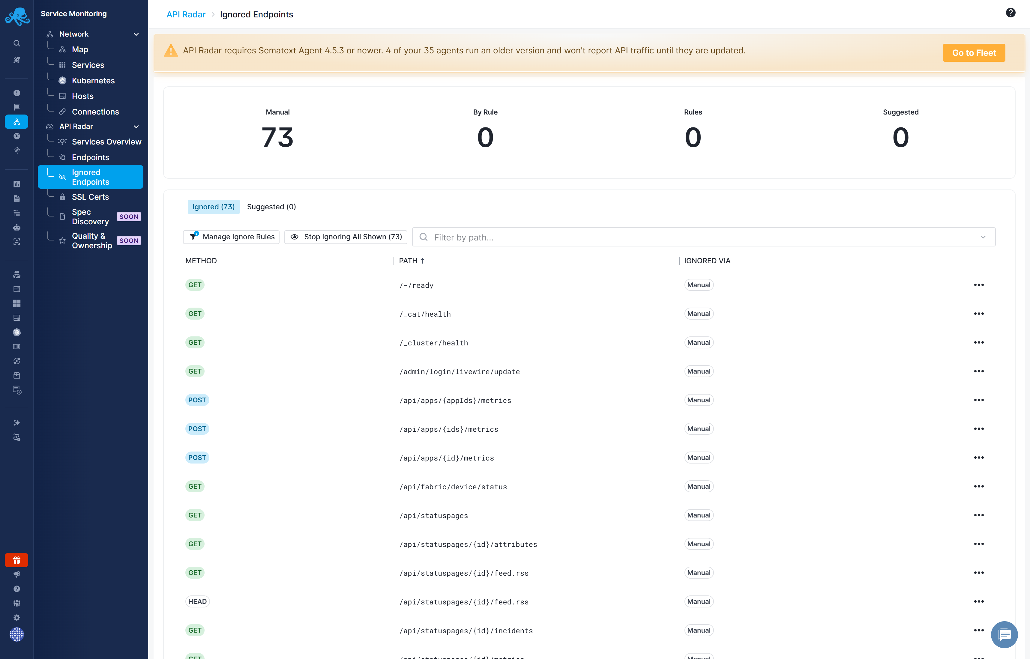 API Radar Ignored Endpoints showing ignored entries and management actions