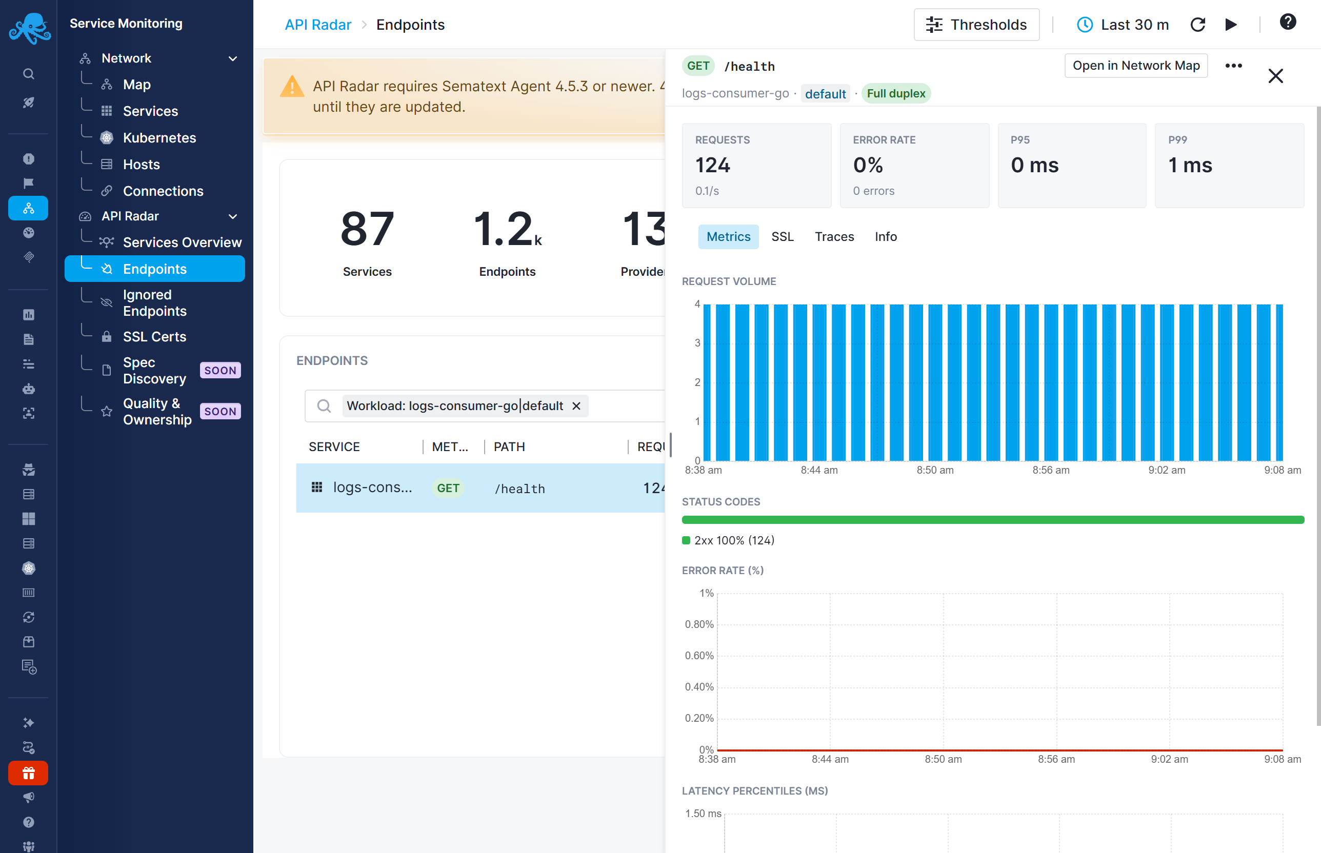 API Radar endpoint details with Open in Network Map