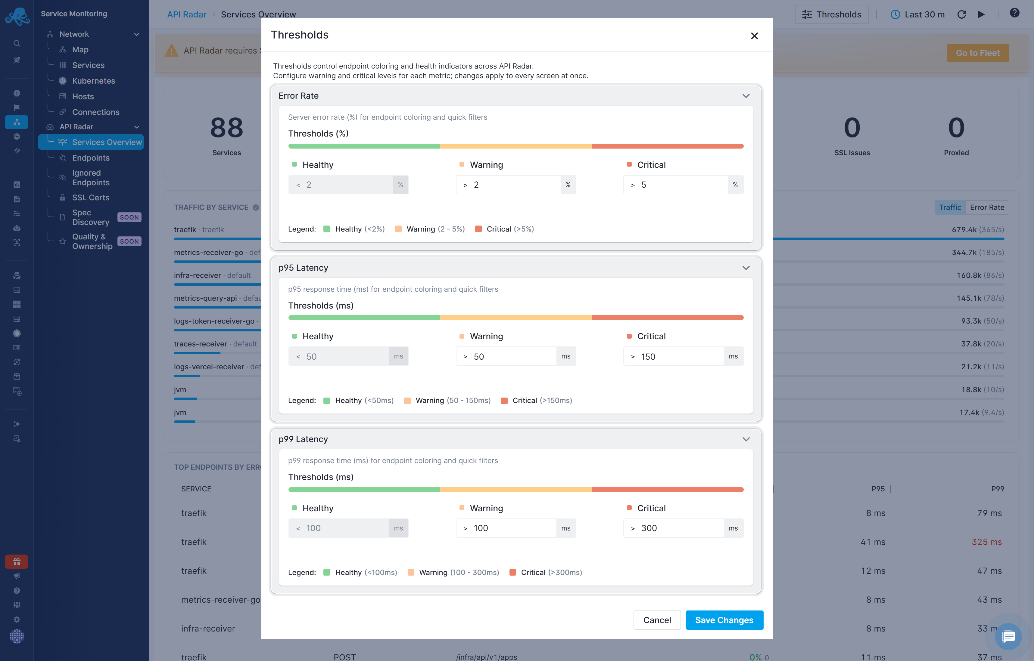 API Radar Thresholds dialog for error rate, p95 latency, and p99 latency