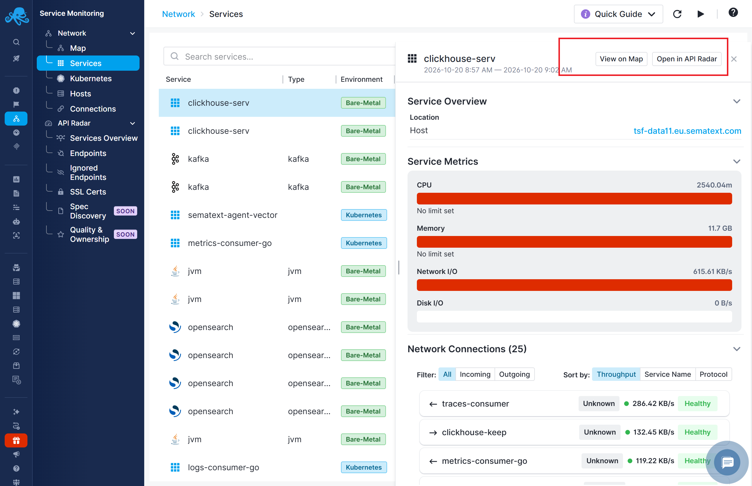 Service details with View on Map and Open in API Radar actions