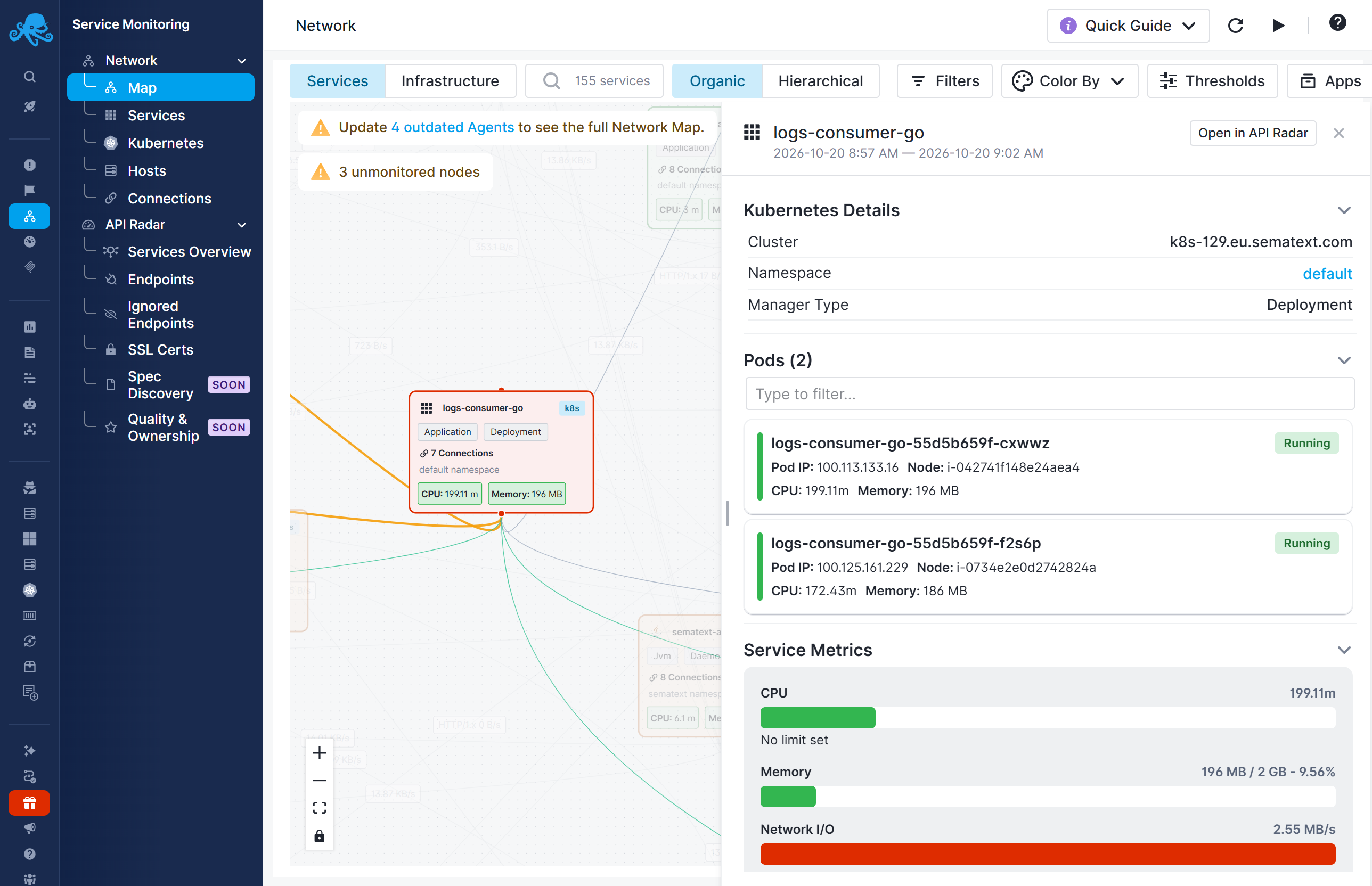 Network Map service details with Open in API Radar