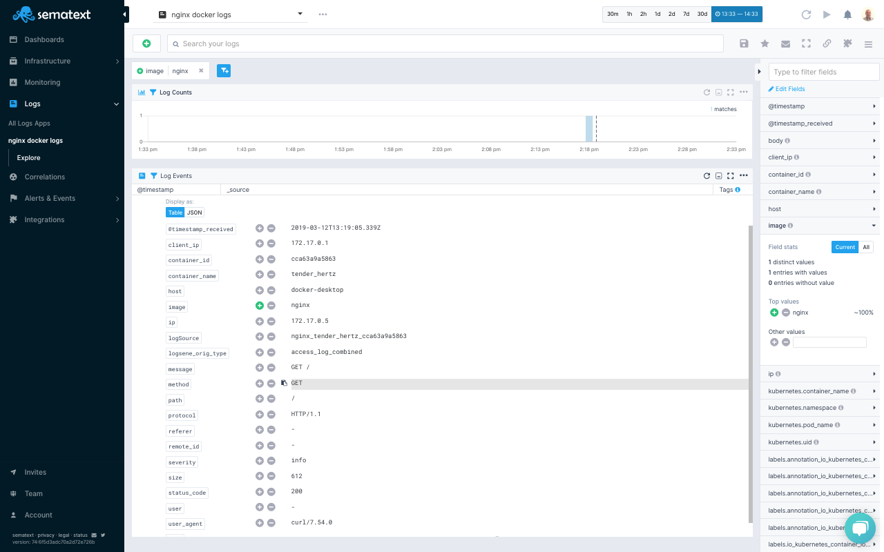 Structured web server logs with container metadata