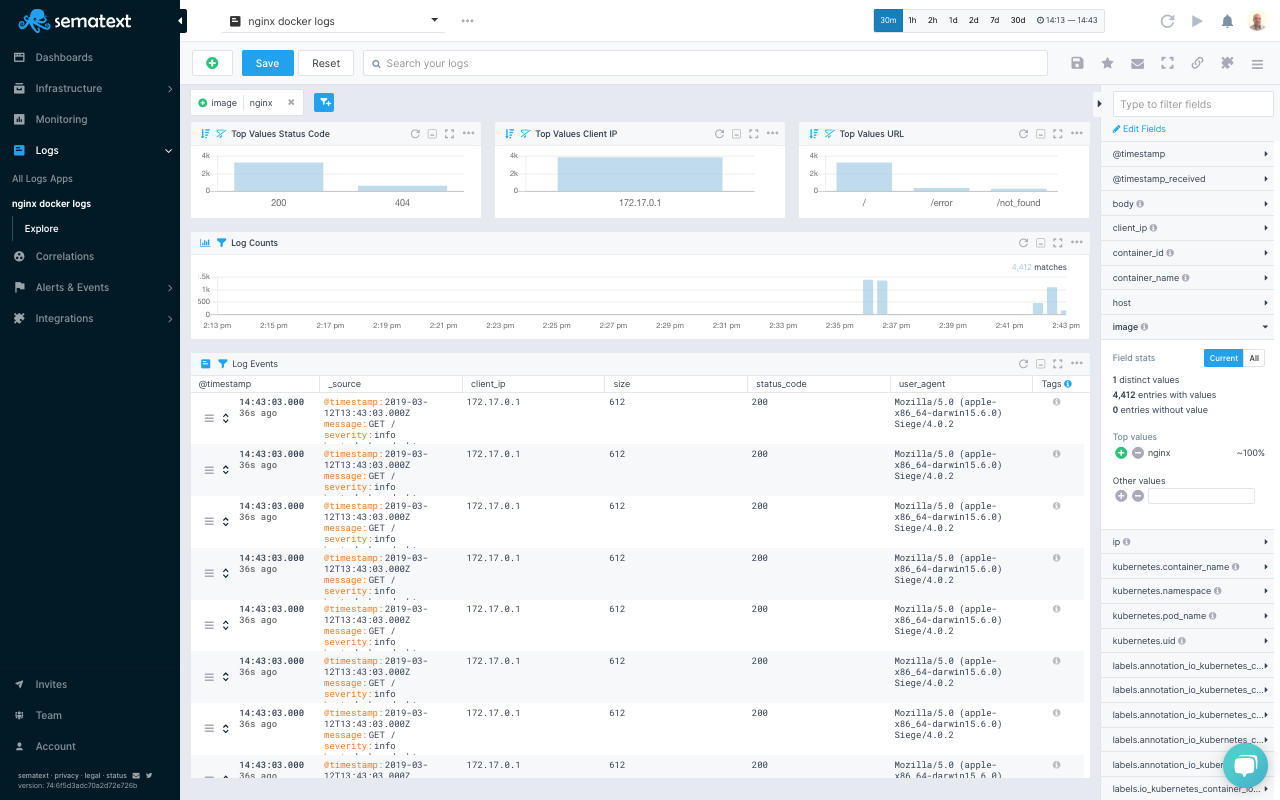 Sematext UI with Top N widgets for various log fields