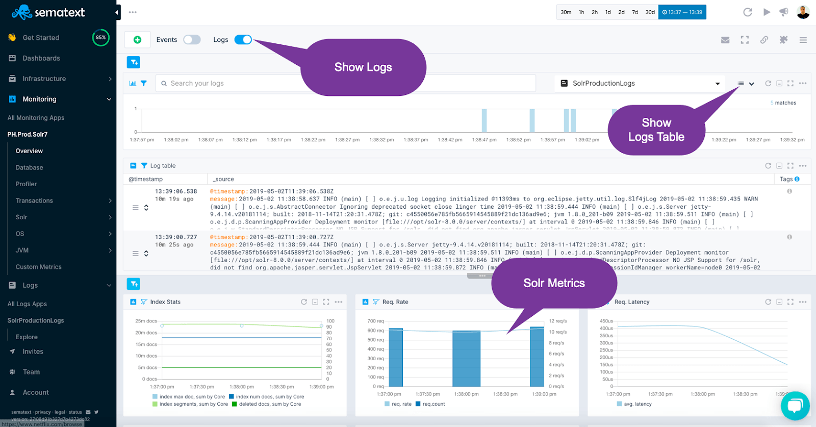 solr logs and metrics monitoring sematext