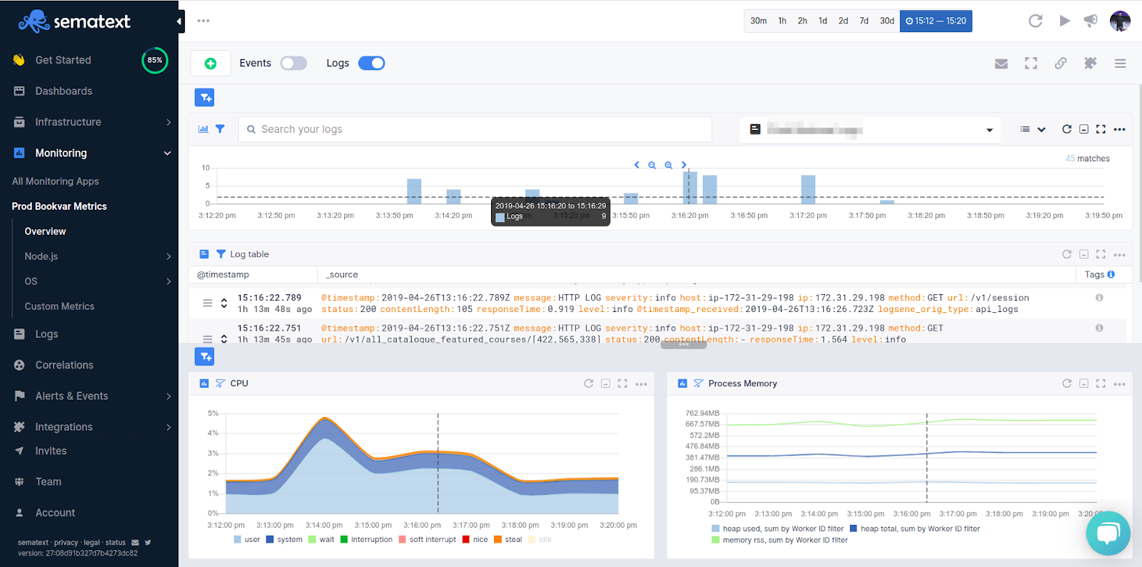 node.js logs and metrics monitoring 