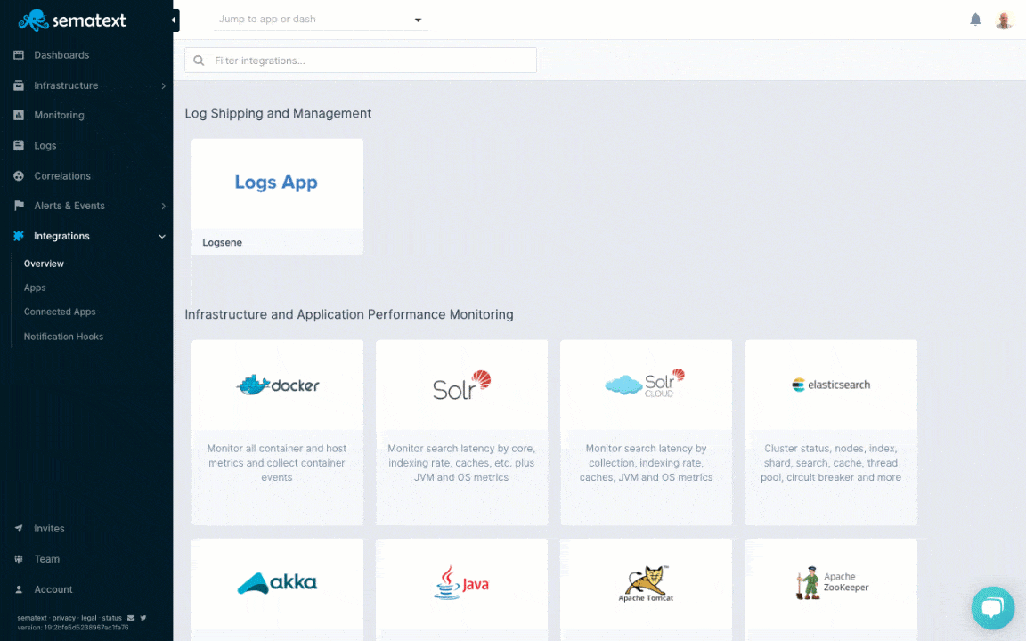 App creation and setup instructions in Sematext Cloud