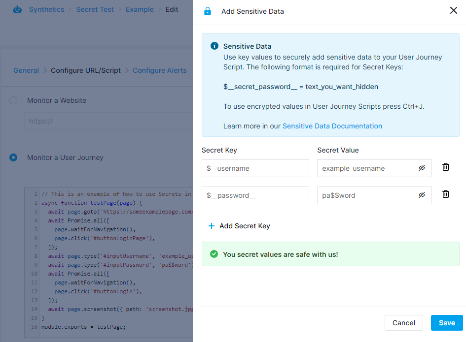 Screenshot of secure credentials panel