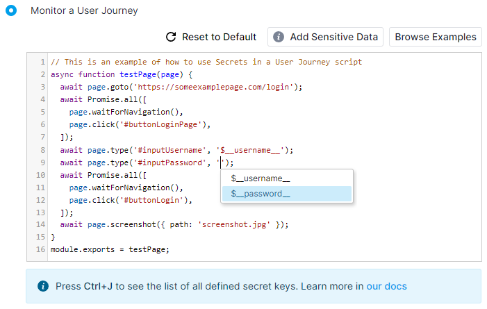 Screenshot of usage of secure keys in user journey script