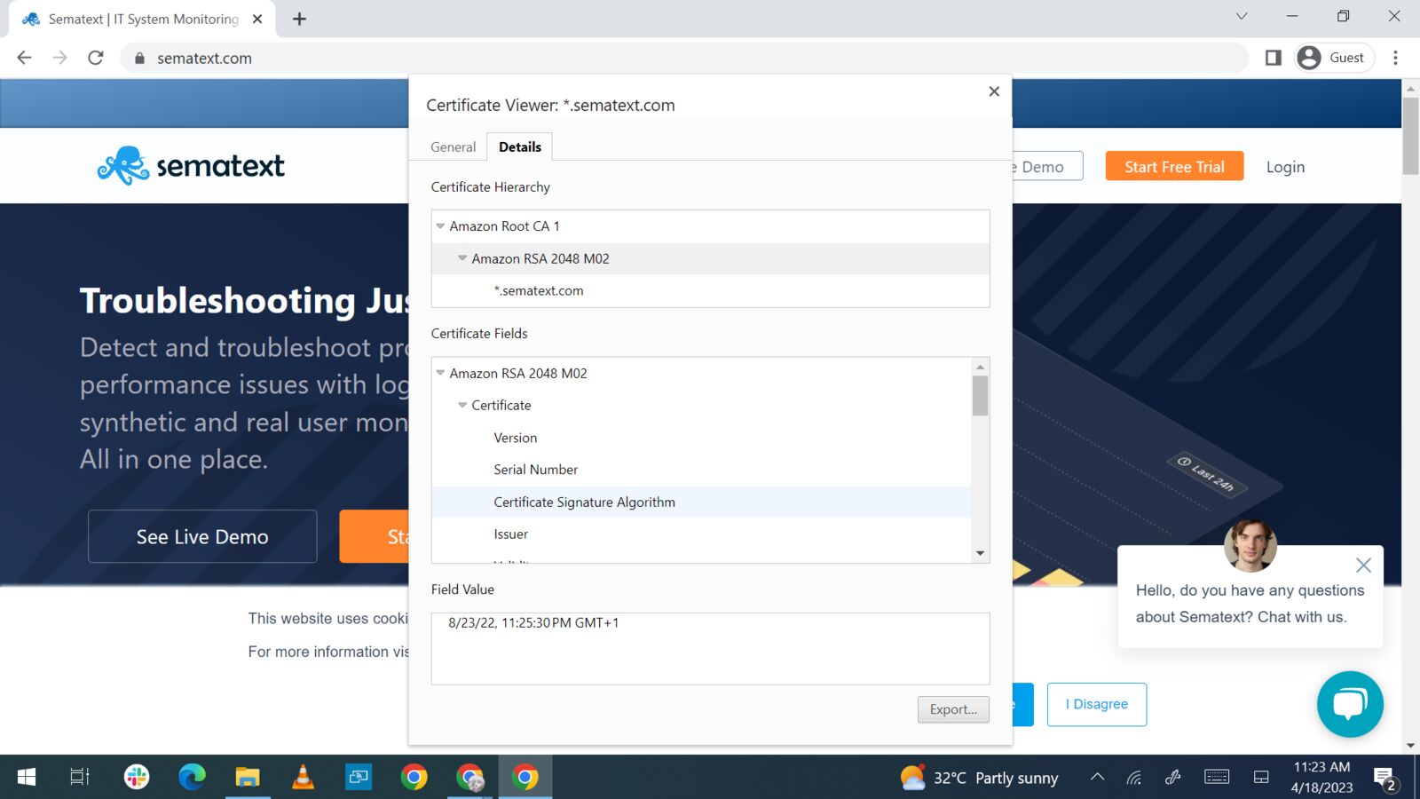 Certificate Signature Algorithm field value for Sematext