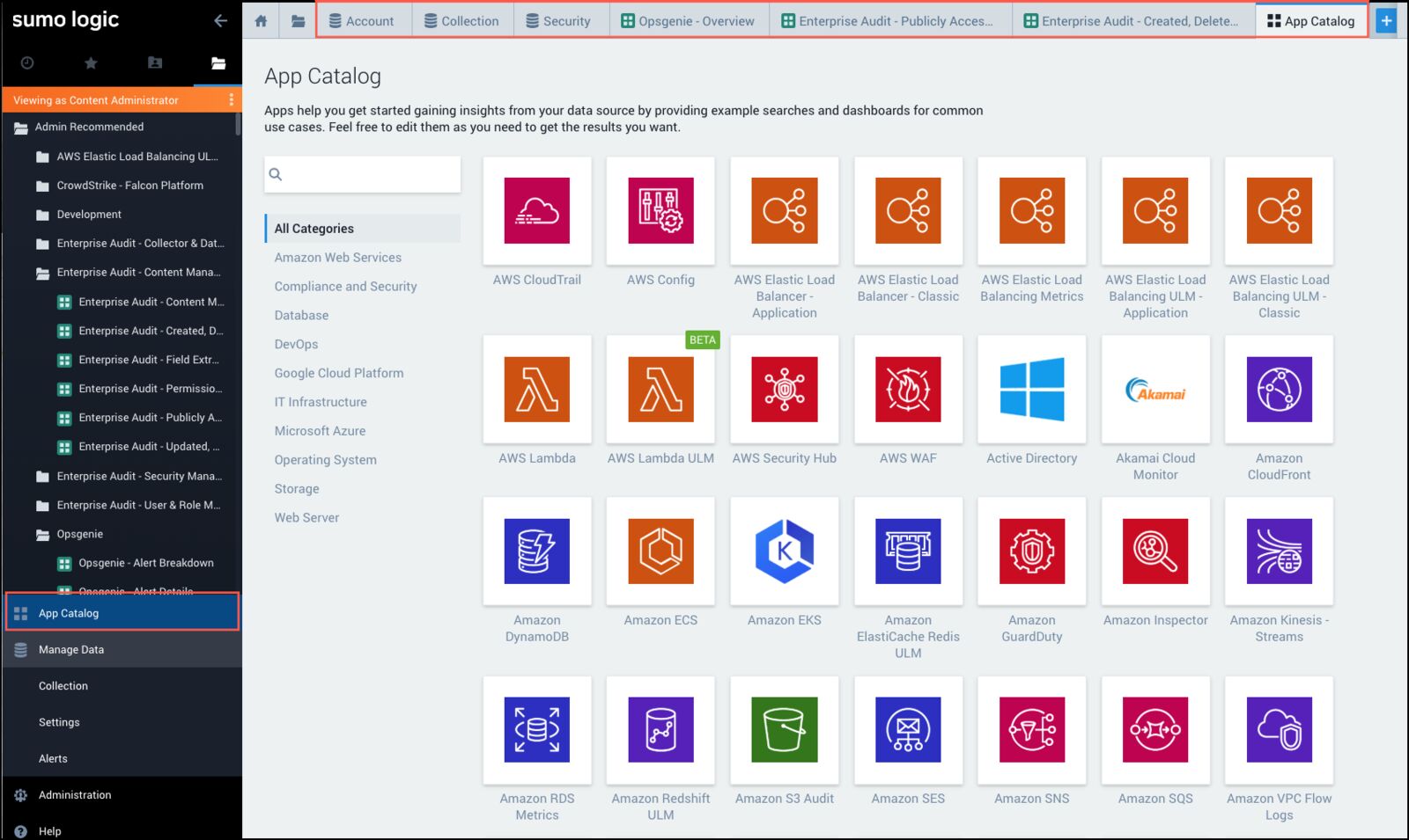 Sumo Logic App Catalog dashboard