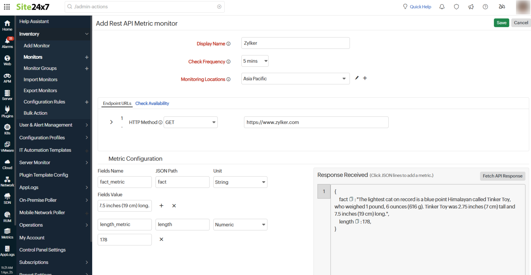 Site 24x7 API monitoring